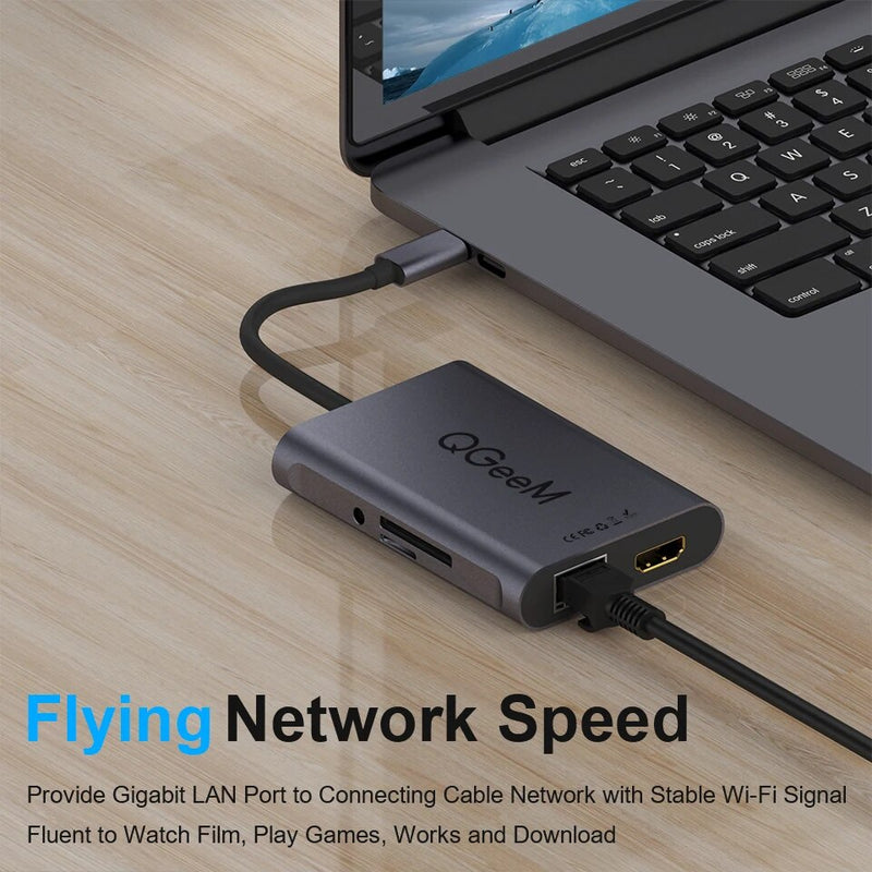 QGeeM-Hub USB C para Macbook Pro, Dock Splitter, Adaptador, PD, HDMI, RJ45, TF, SD, 3,5mm, Aux, Tipo C, iPad Pro, 8 em 1