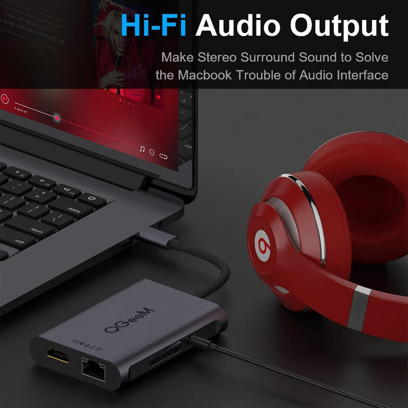 QGeeM-Hub USB C para Macbook Pro, Dock Splitter, Adaptador, PD, HDMI, RJ45, TF, SD, 3,5mm, Aux, Tipo C, iPad Pro, 8 em 1