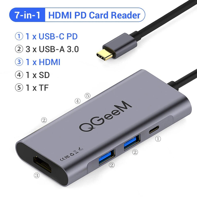 QGeeM-Hub USB C para Macbook Pro, Dock Splitter, Adaptador, PD, HDMI, RJ45, TF, SD, 3,5mm, Aux, Tipo C, iPad Pro, 8 em 1