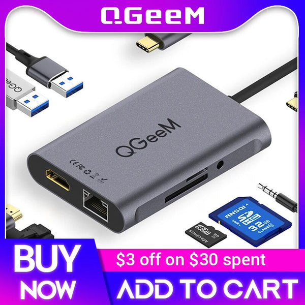 QGeeM-Hub USB C para Macbook Pro, Dock Splitter, Adaptador, PD, HDMI, RJ45, TF, SD, 3,5mm, Aux, Tipo C, iPad Pro, 8 em 1