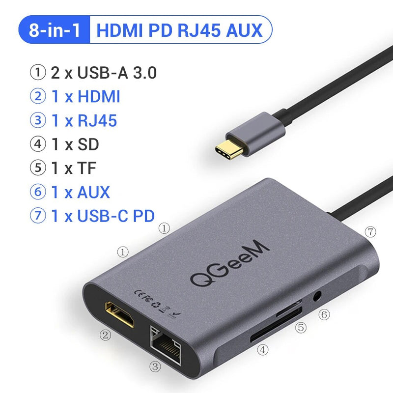 QGeeM-Hub USB C para Macbook Pro, Dock Splitter, Adaptador, PD, HDMI, RJ45, TF, SD, 3,5mm, Aux, Tipo C, iPad Pro, 8 em 1