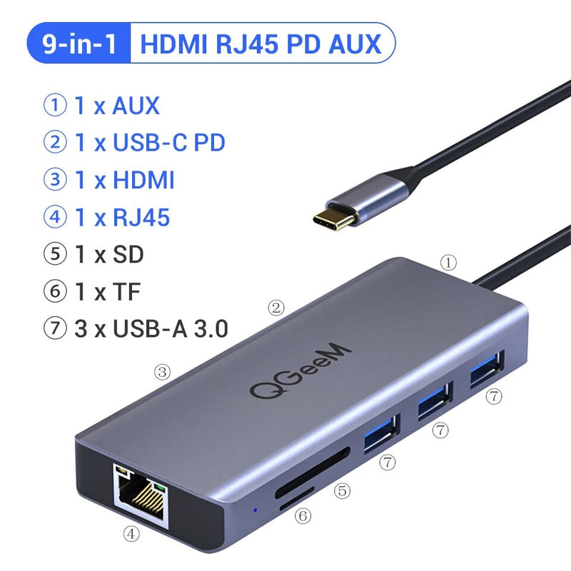 QGeeM-Hub USB C para Macbook Pro, Dock Splitter, Adaptador, PD, HDMI, RJ45, TF, SD, 3,5mm, Aux, Tipo C, iPad Pro, 8 em 1