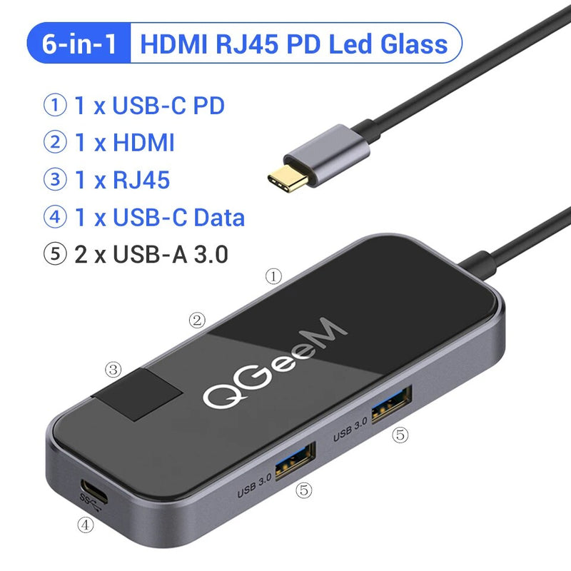 QGeeM-Hub USB C para Macbook Pro, Dock Splitter, Adaptador, PD, HDMI, RJ45, TF, SD, 3,5mm, Aux, Tipo C, iPad Pro, 8 em 1