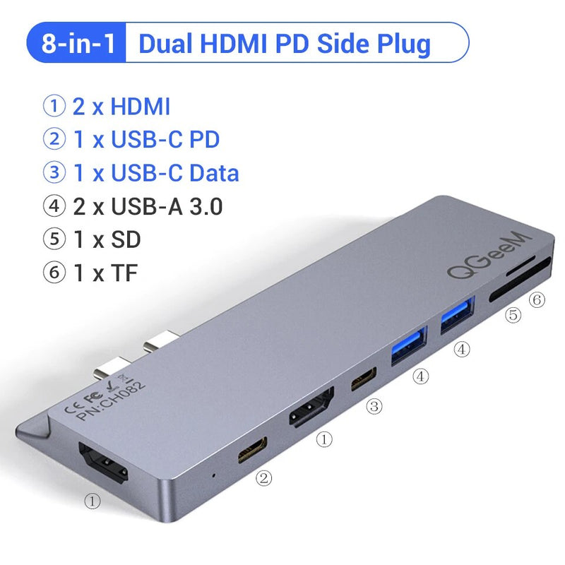QGeeM-Hub USB C para Macbook Pro, Dock Splitter, Adaptador, PD, HDMI, RJ45, TF, SD, 3,5mm, Aux, Tipo C, iPad Pro, 8 em 1