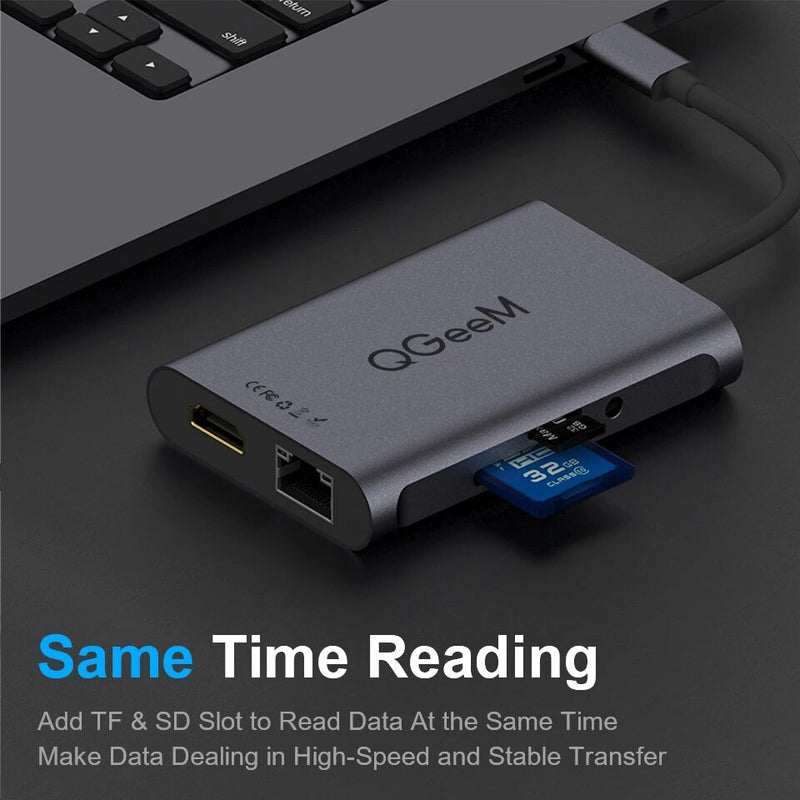QGeeM-Hub USB C para Macbook Pro, Dock Splitter, Adaptador, PD, HDMI, RJ45, TF, SD, 3,5mm, Aux, Tipo C, iPad Pro, 8 em 1