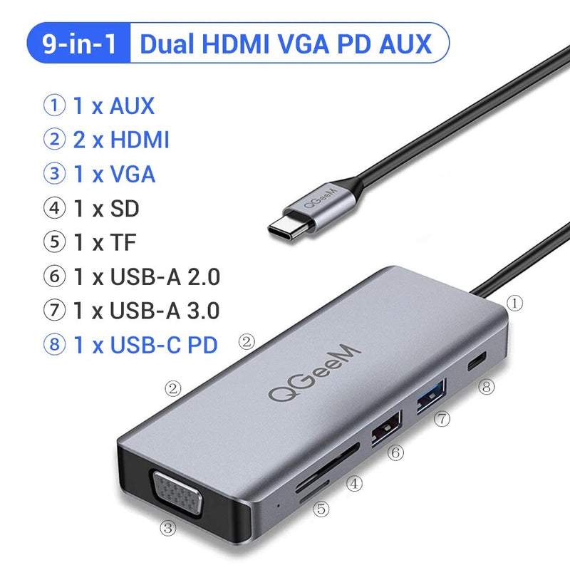 QGeeM-Hub USB C para Macbook Pro, Dock Splitter, Adaptador, PD, HDMI, RJ45, TF, SD, 3,5mm, Aux, Tipo C, iPad Pro, 8 em 1