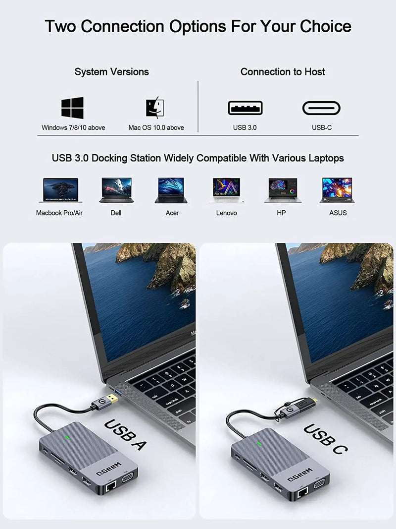 Qgeem-docking station para laptop, hub usb 3.0, display triplo, monitor duplo, compatível com macbook m1
