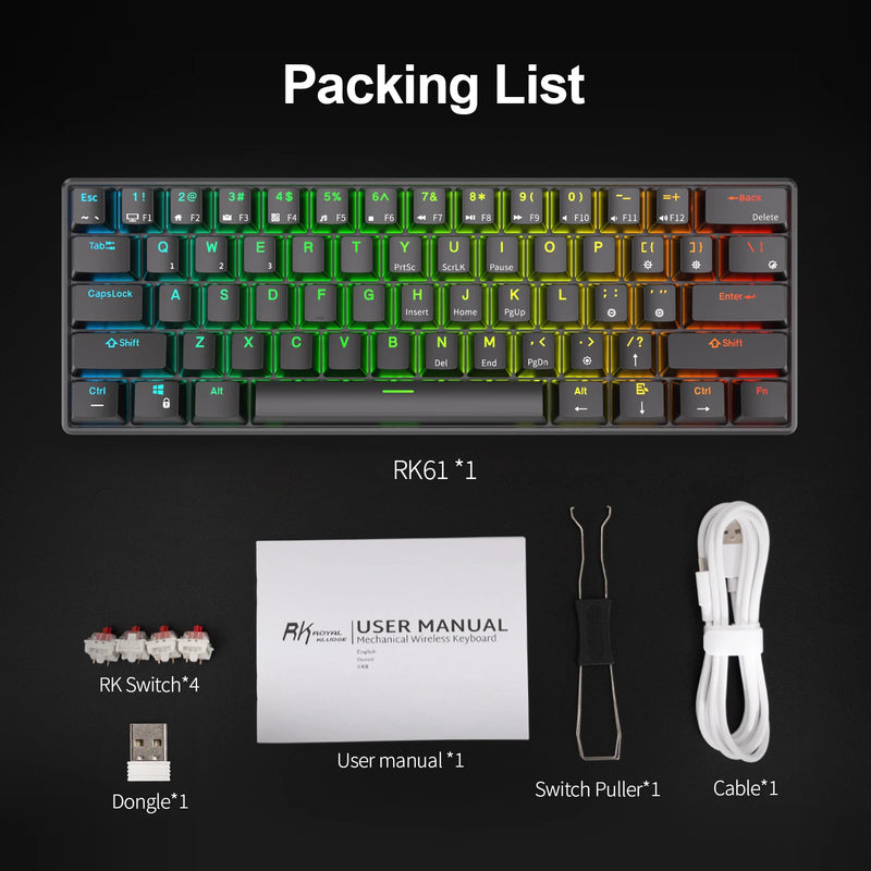 RK ROYAL KLUDGE RK61 Tri-mode BT5.0/ 2.4G/ USB Teclado mecânico português do Brasil 60% 61 teclas RGB Teclado para jogos sem fio Bluetooth hot-swap