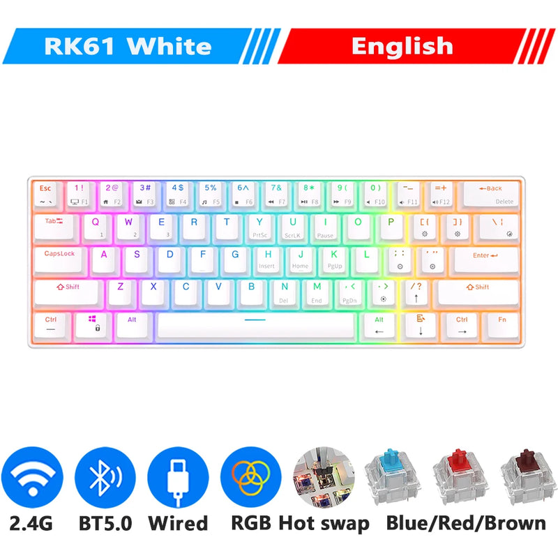 RK ROYAL KLUDGE RK61 Tri-mode BT5.0/ 2.4G/ USB Teclado mecânico português do Brasil 60% 61 teclas RGB Teclado para jogos sem fio Bluetooth hot-swap