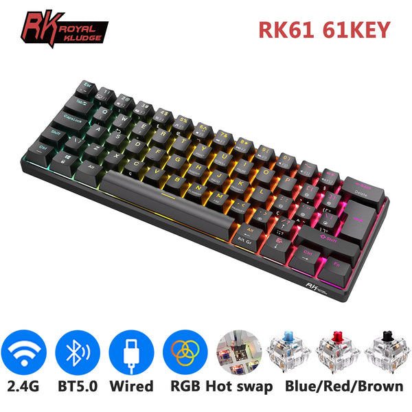 RK ROYAL KLUDGE RK61 Tri-mode BT5.0/ 2.4G/ USB Teclado mecânico português do Brasil 60% 61 teclas RGB Teclado para jogos sem fio Bluetooth hot-swap