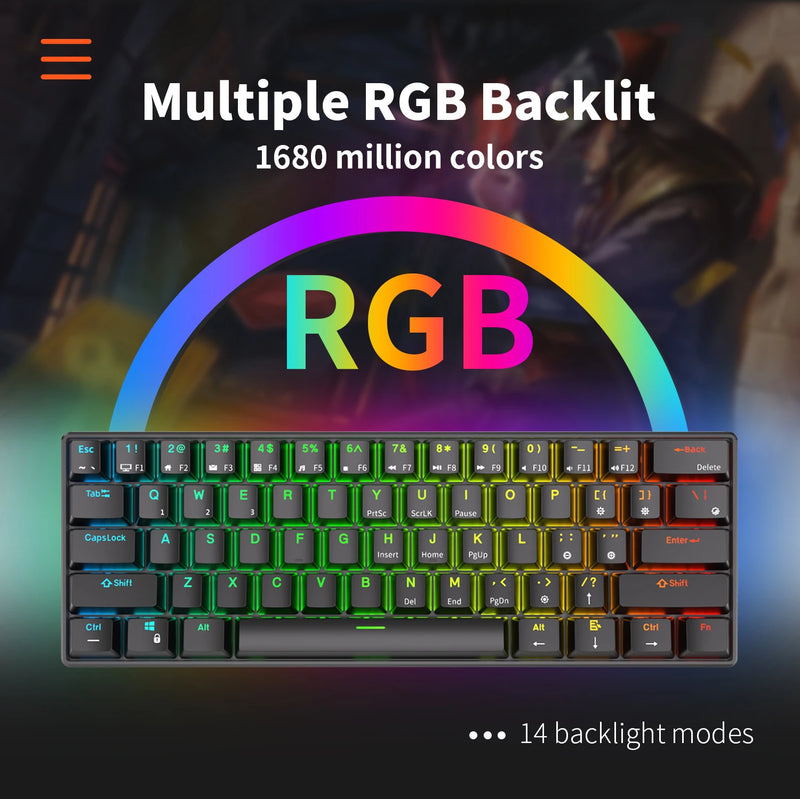 RK ROYAL KLUDGE RK61 Tri-mode BT5.0/ 2.4G/ USB Teclado mecânico português do Brasil 60% 61 teclas RGB Teclado para jogos sem fio Bluetooth hot-swap