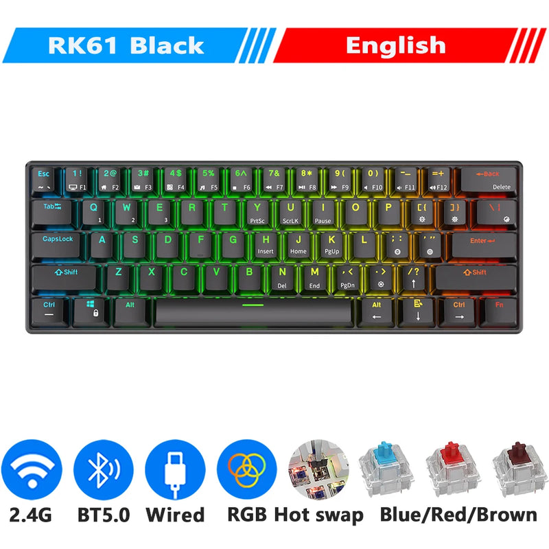 RK ROYAL KLUDGE RK61 Tri-mode BT5.0/ 2.4G/ USB Teclado mecânico português do Brasil 60% 61 teclas RGB Teclado para jogos sem fio Bluetooth hot-swap