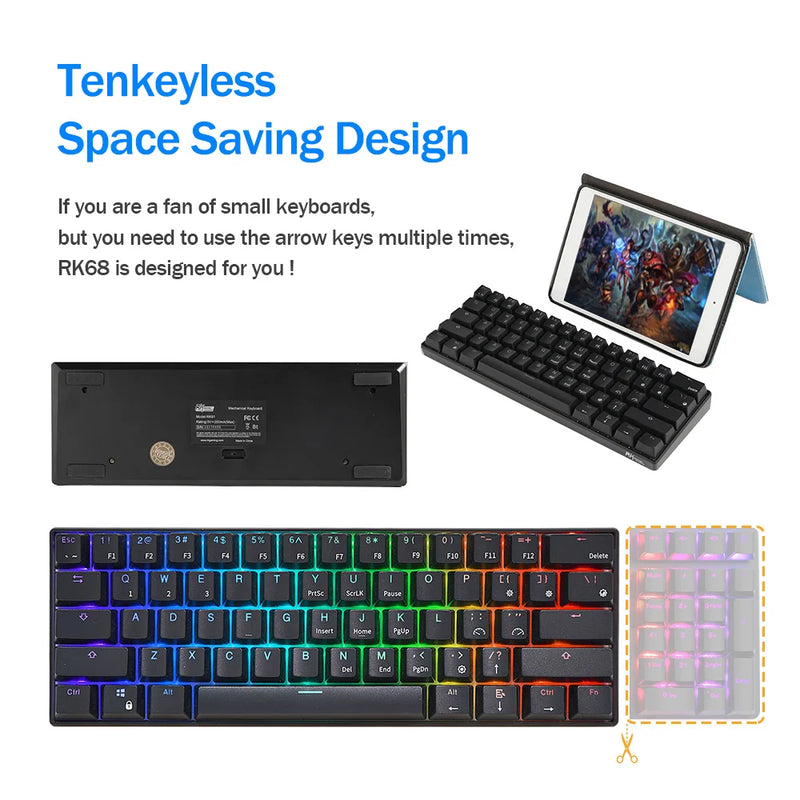 RK ROYAL KLUDGE RK61 Tri-mode BT5.0/ 2.4G/ USB Teclado mecânico português do Brasil 60% 61 teclas RGB Teclado para jogos sem fio Bluetooth hot-swap
