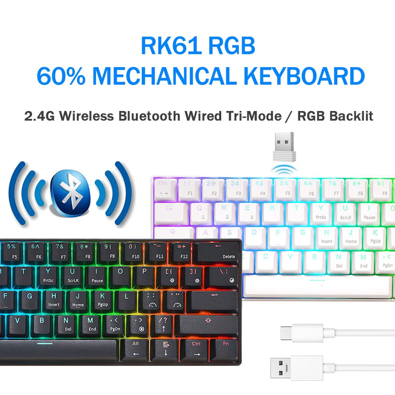 RK ROYAL KLUDGE RK61 Tri-mode BT5.0/ 2.4G/ USB Teclado mecânico português do Brasil 60% 61 teclas RGB Teclado para jogos sem fio Bluetooth hot-swap