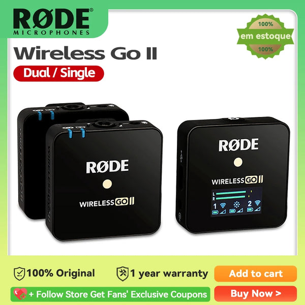 RODE-Sistema de Microfone Sem Fio Go II, Dual Channel, apto para Smartphones, iPhone, Câmera Huawei, Sony ZVE10, A7IV, Canon RP, R8, R7