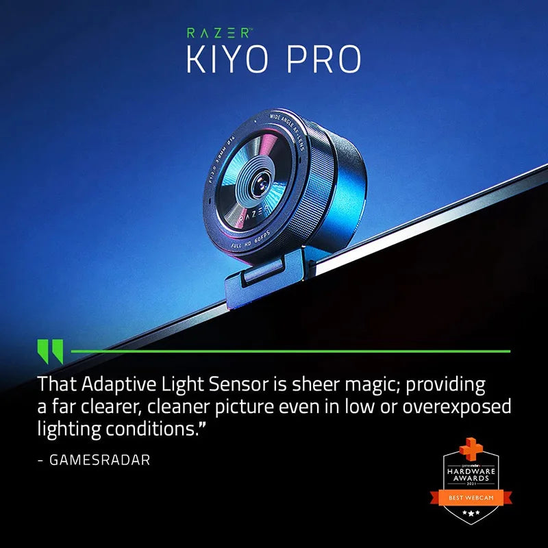 Razer-Kiyo Pro Streaming Webcam, Sem Compressão, 1080p, 60FPS, Alto Desempenho, Sensor de Luz Adaptativo, HDR Ativado, Rápido, USB 3.0