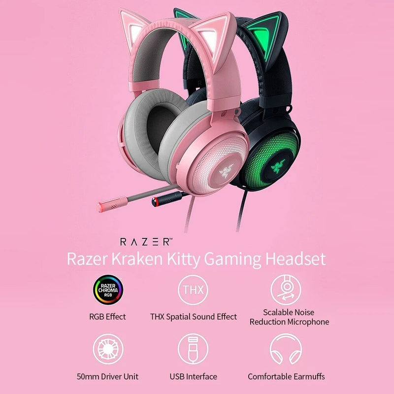 Razer-Kraken Kitty Gaming Headset, Bluetooth, RGB, TNX 7.1, Surround Sound, USB, Sem Fio, Fone de ouvido, Bonito, Presente