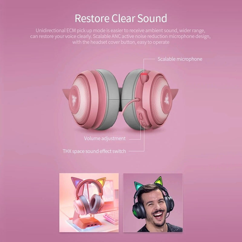 Razer-Kraken Kitty Gaming Headset, Bluetooth, RGB, TNX 7.1, Surround Sound, USB, Sem Fio, Fone de ouvido, Bonito, Presente