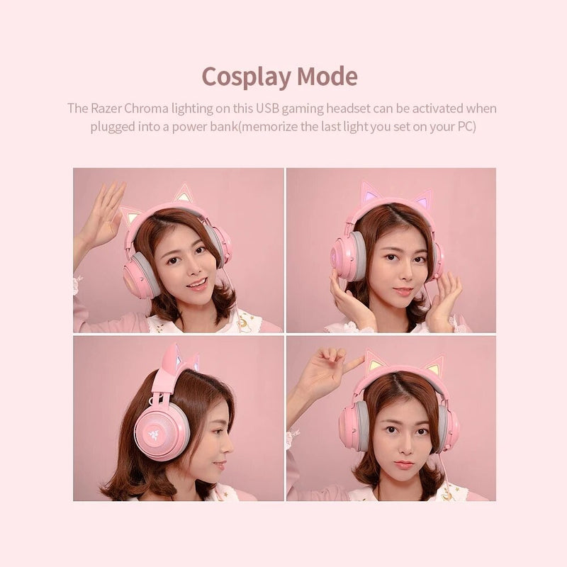 Razer-Kraken Kitty Gaming Headset, Bluetooth, RGB, TNX 7.1, Surround Sound, USB, Sem Fio, Fone de ouvido, Bonito, Presente