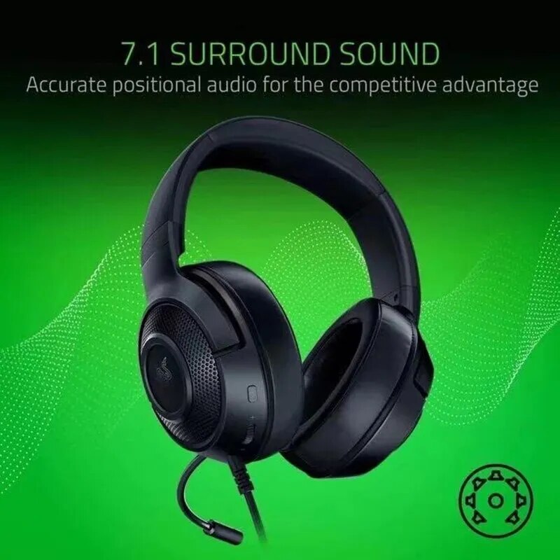 Razer-Kraken X Surround Sound Gaming Headphone, Headset com Bendable, Microfone Cardióide, Unidade de Motorista 40mm, 7.1