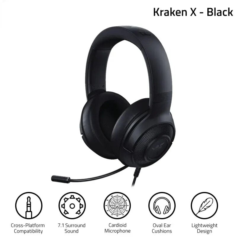 Razer-Kraken X Surround Sound Gaming Headphone, Headset com Bendable, Microfone Cardióide, Unidade de Motorista 40mm, 7.1