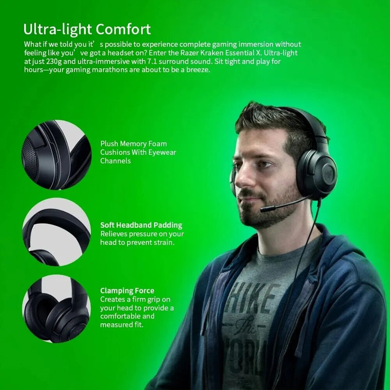 Razer-Kraken X Surround Sound Gaming Headphone, Headset com Bendable, Microfone Cardióide, Unidade de Motorista 40mm, 7.1