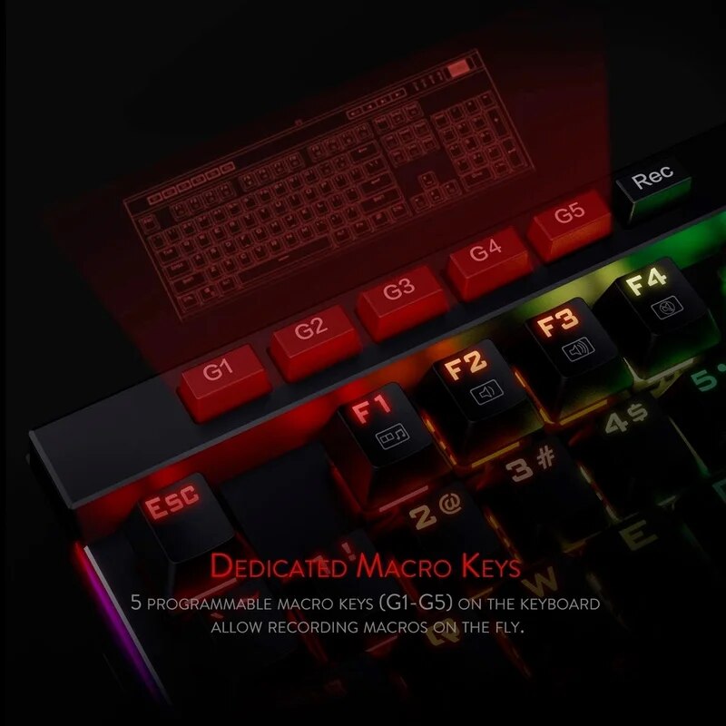 Redragon-K580 VATA RGB LED retroiluminado teclado mecânico para jogos, anti-ghosting, 104 teclas, com fio, luz de fundo, computador, chave macro