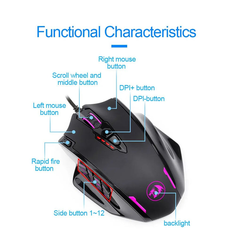 Redragon M908 Impacto 17 botões programáveis RGB Gaming Mouse 12400 DPI USB com fio jogo mouse Óptico backlight laptop PC computador