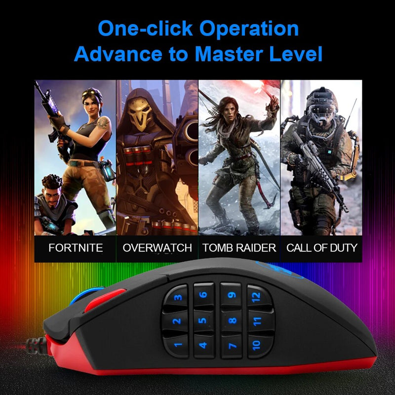 Redragon m901 usb wired gaming mouse 12400dpi 19 botões rgb backlit programável ergonômico ratos para computador portátil pc gamer