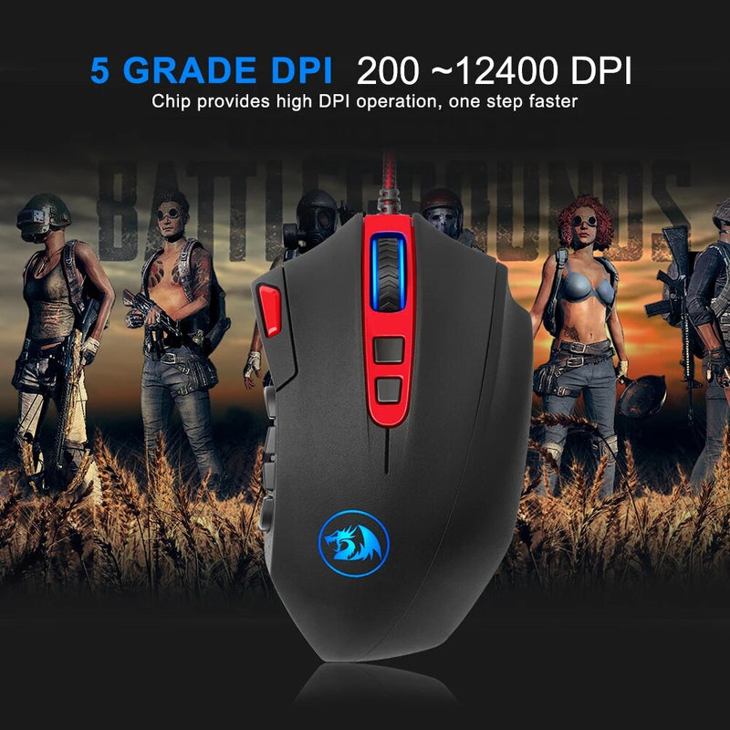 Redragon m901 usb wired gaming mouse 12400dpi 19 botões rgb backlit programável ergonômico ratos para computador portátil pc gamer