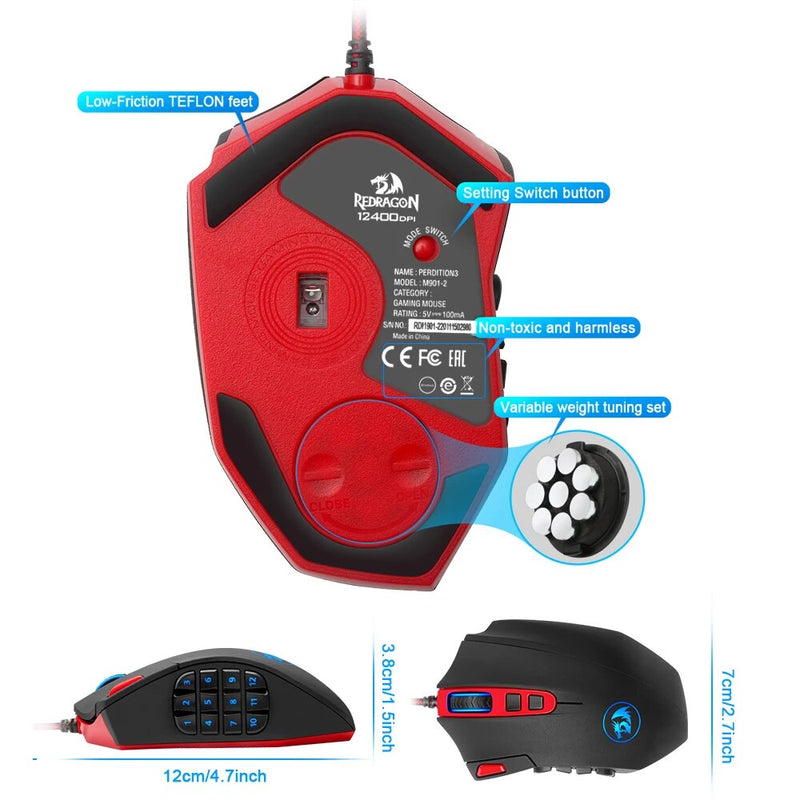 Redragon m901 usb wired gaming mouse 12400dpi 19 botões rgb backlit programável ergonômico ratos para computador portátil pc gamer