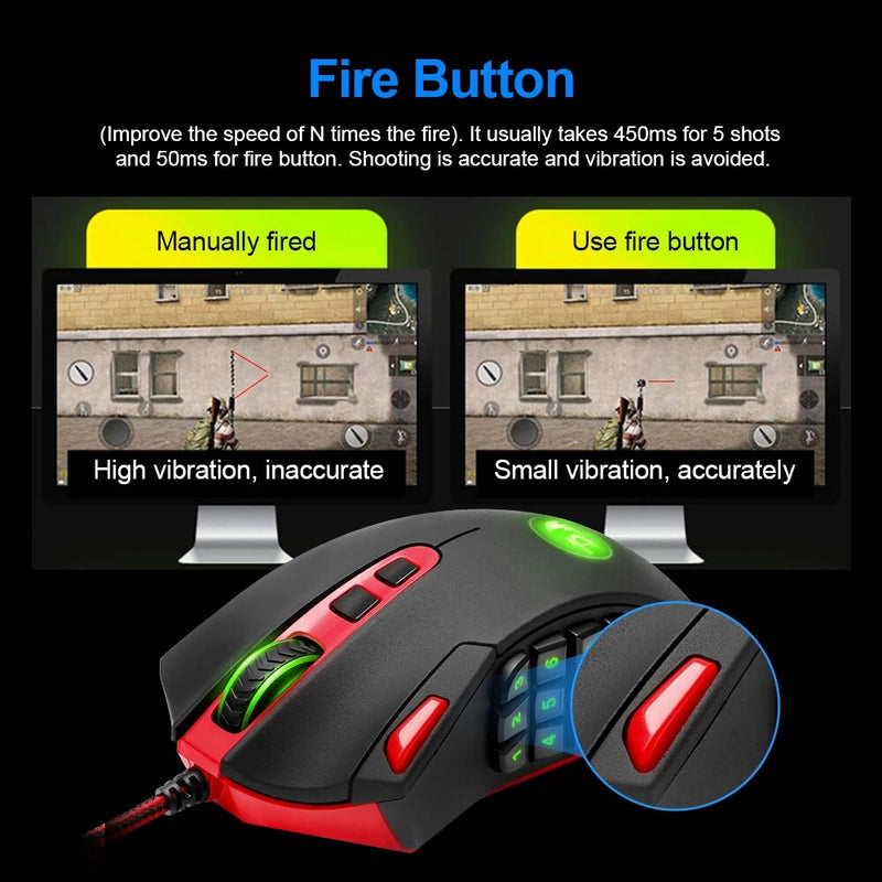 Redragon m901 usb wired gaming mouse 12400dpi 19 botões rgb backlit programável ergonômico ratos para computador portátil pc gamer