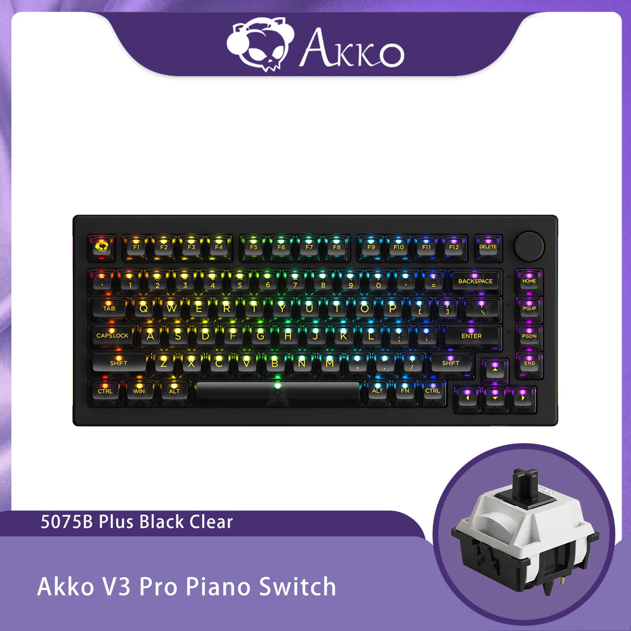 Akko 5075B Plus V2 Drácula Castelo Teclado Mecânico para Jogos 75% Multi-Modos Trocáveis a Quente RGB 2.4GHz Sem Fio/USB Tipo-C/BT 5.0