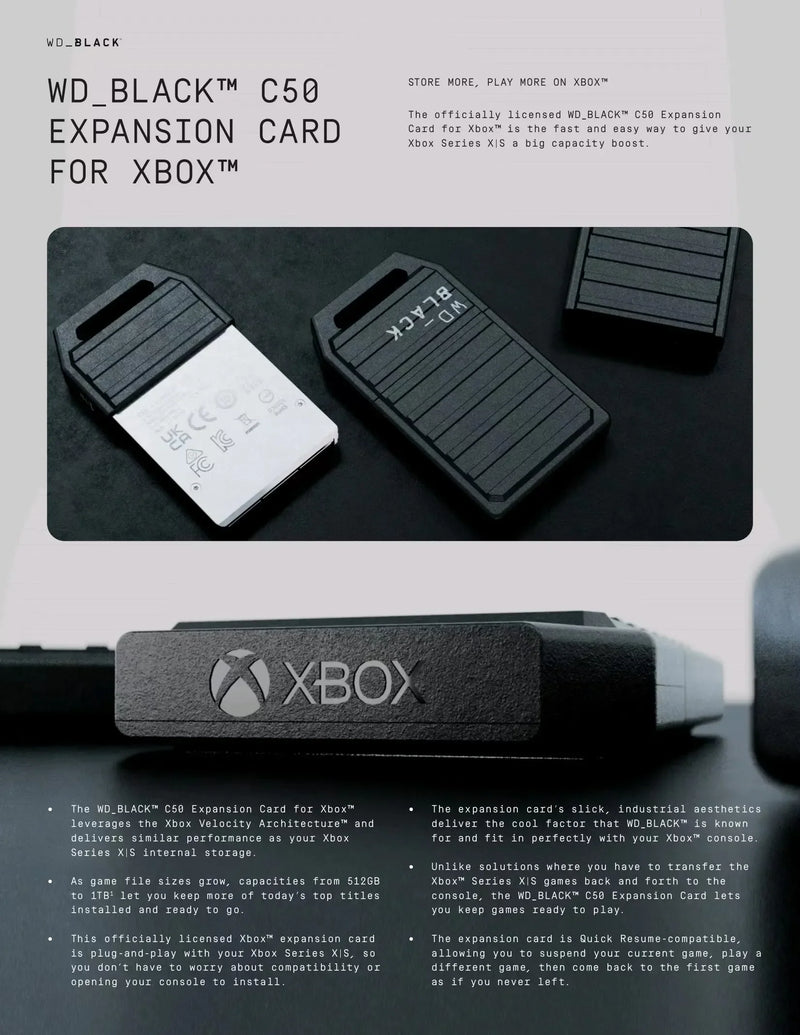 Cartão de Memória Western Digital para Xbox, WD Preto, Cartão de Expansão C50, Série X, Série S, 1TB, 512GB