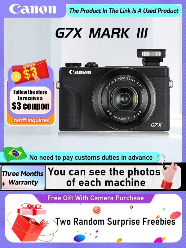 Canon PowerShot G7X Mark II III Portátil Cartão Pequeno Câmera Digital Lente de Zoom Óptico Câmeras de Vídeo 4K G7X3 G7X II G7X III (Usado)