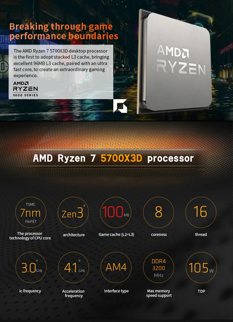 Processador para jogos AMD-Ryzen 7 5700X3D, 8 núcleos, 16 thread, 4,1 GHz, 7NM, soquete de jogo de 100MB, AM4, Novíssimo, 2024
