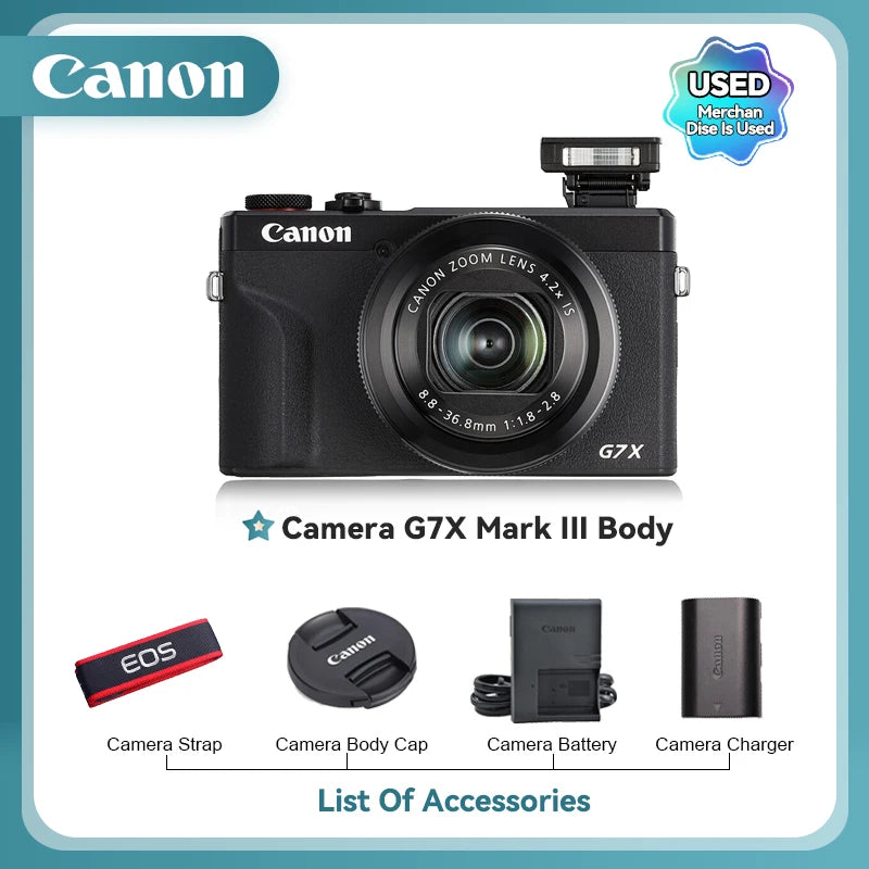 Canon PowerShot G7X Mark II III Portátil Cartão Pequeno Câmera Digital Lente de Zoom Óptico Câmeras de Vídeo 4K G7X3 G7X II G7X III (Usado)
