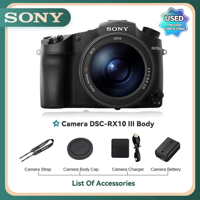Sony DSC-RX100 VI RX10 III IV RX1R II Portátil Cartão Pequeno Câmera Digital Lente de Zoom Óptico 4K Câmeras de Vídeo RX100M6 RX10M4 (Usado)