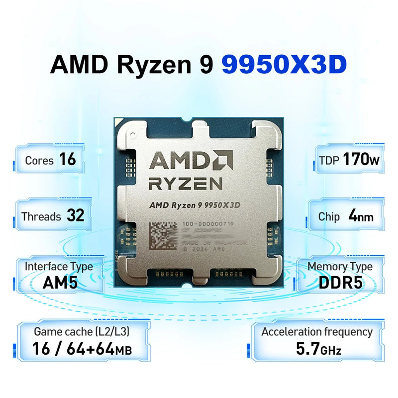 Novo processador amd ryzen 9 9950x3d 4.3ghz l3 = 128m 170w soquete r9 9950x3d am5 4nm 16 núcleos 32 threads r9 ddr5 sem ventilador