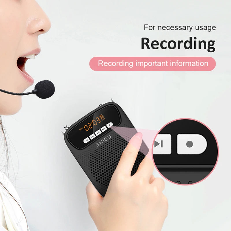 SHIDU-Amplificador de Voz Portátil, Microfone com Fio, Rádio FM, Gravação de Áudio AUX, Altifalante Bluetooth, S278, 15W