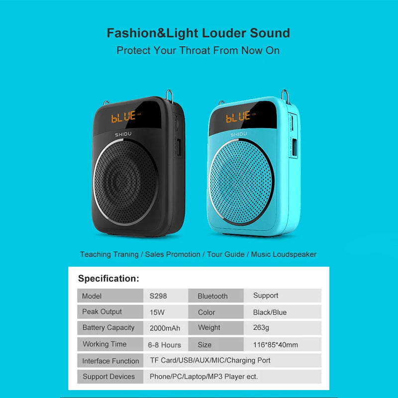 SHIDU-Amplificador de Voz Portátil, Microfone com Fio, Rádio FM, Gravação de Áudio AUX, Altifalante Bluetooth, S278, 15W