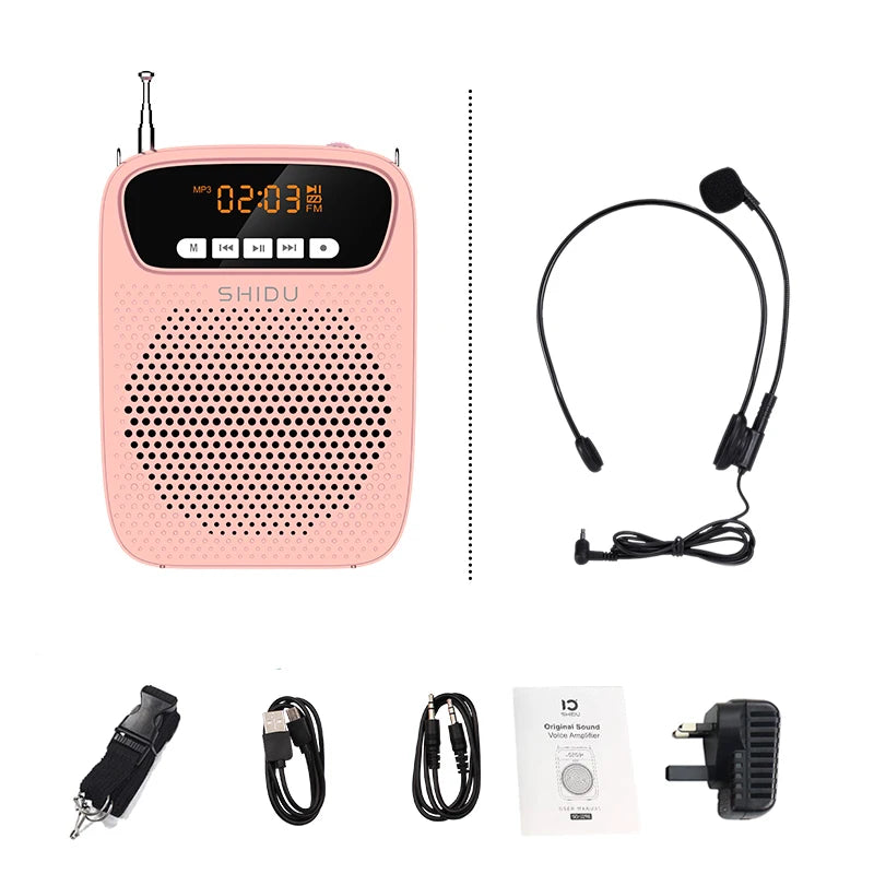 SHIDU-Amplificador de Voz Portátil, Microfone com Fio, Rádio FM, Gravação de Áudio AUX, Altifalante Bluetooth, S278, 15W