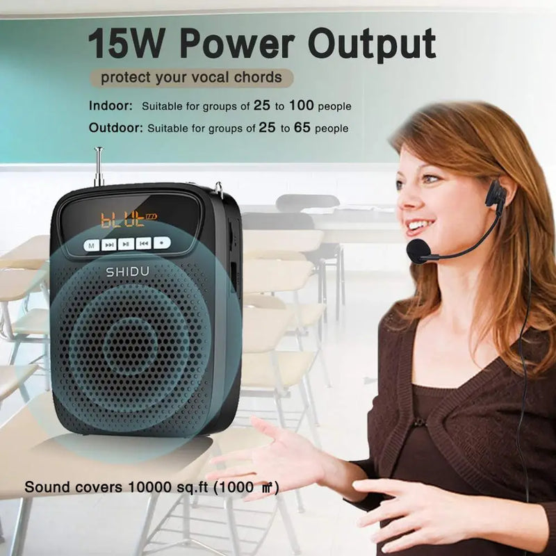 SHIDU-Amplificador de Voz Portátil, Microfone com Fio, Rádio FM, Gravação de Áudio AUX, Altifalante Bluetooth, S278, 15W