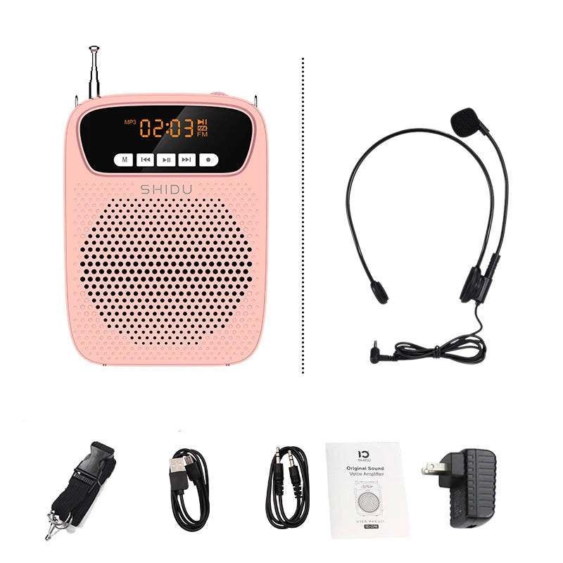 SHIDU-Amplificador de Voz Portátil, Microfone com Fio, Rádio FM, Gravação de Áudio AUX, Altifalante Bluetooth, S278, 15W