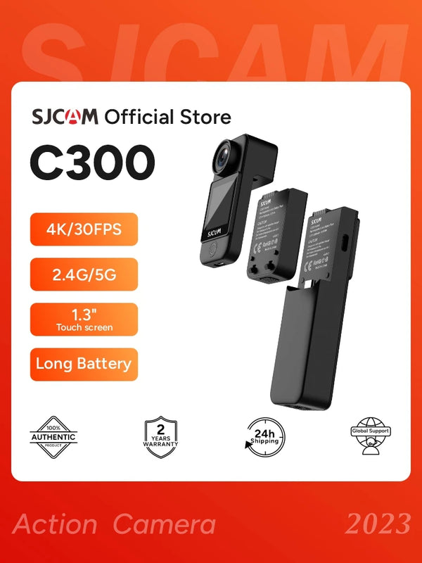 SJCAM-Câmera impermeável de bolso, Vídeo de longa duração da bateria, 5G WiFi, Câmera de ação esportiva, 4K FHD, 30m, C300