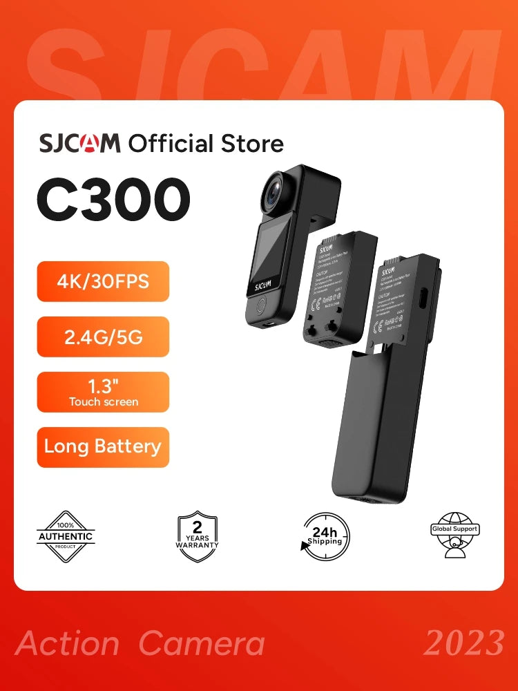 SJCAM-Câmera impermeável de bolso, Vídeo de longa duração da bateria, 5G WiFi, Câmera de ação esportiva, 4K FHD, 30m, C300