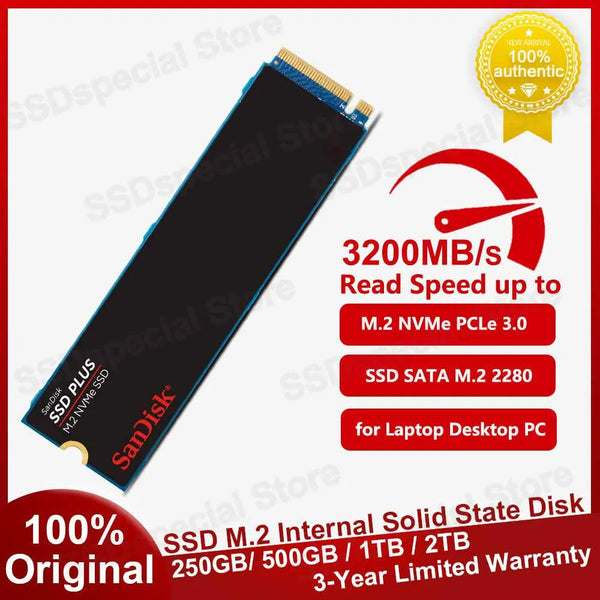 Sandisk-Disco de estado sólido interno, disco rígido para laptop, desktop, PC, original, SSD PLUS M.2, NVMe, M2, 2280, 250GB, 500GB, 1TB, 2TB