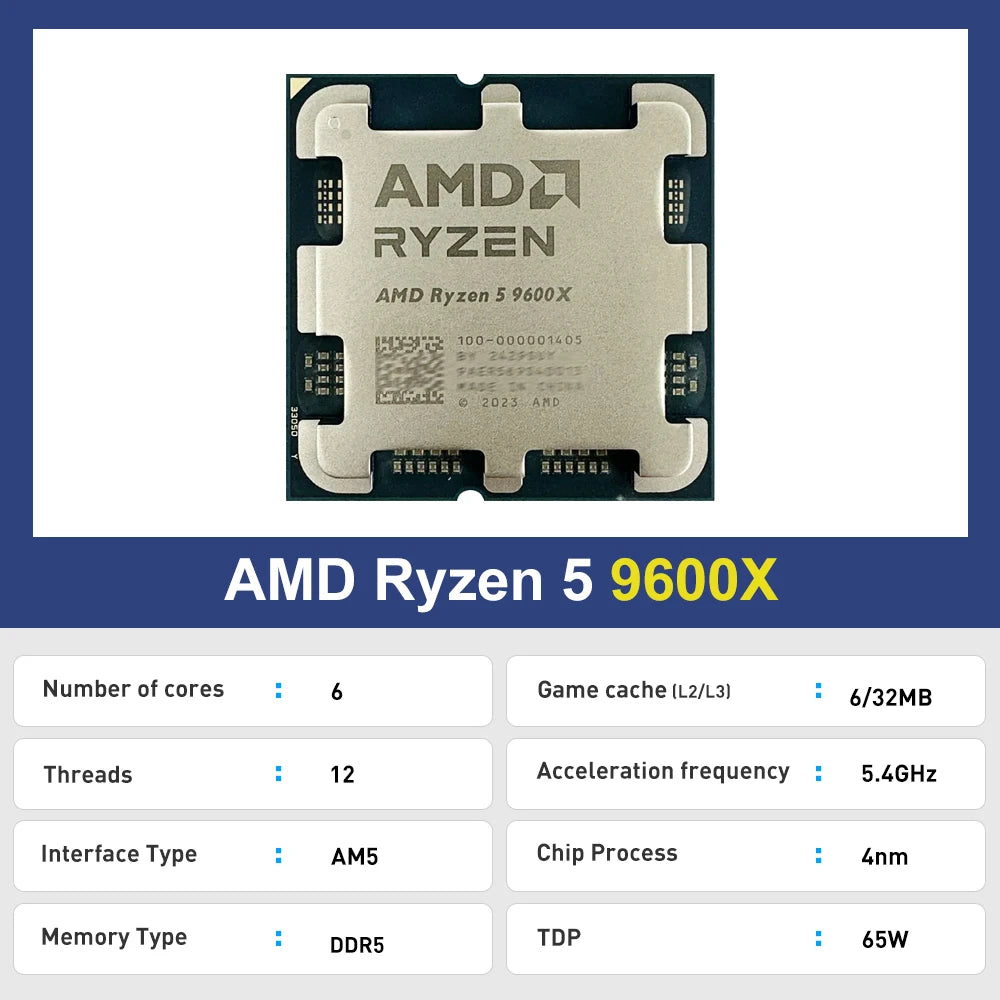 Processador amd ryzen 5 9600x cpu novo r5 9600x 5.4ghz 6 núcleos 12 threads gráficos integrados rdna2 2cu tdp 65w soquete am5 mas sem ventilador