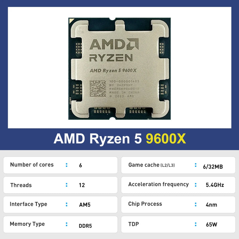 Processador amd ryzen 5 9600x cpu novo r5 9600x 5.4ghz 6 núcleos 12 threads gráficos integrados rdna2 2cu tdp 65w soquete am5 mas sem ventilador