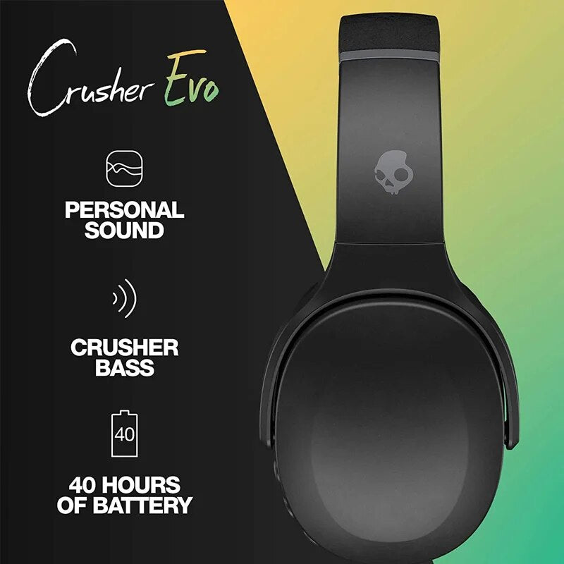 Skullcandy-Auscultadores Sem Fio Bluetooth com Microfone, Crusher Evo, Extra Bass Tech, Sports Headset, iPhone, Android, Bateria de 40 Horas